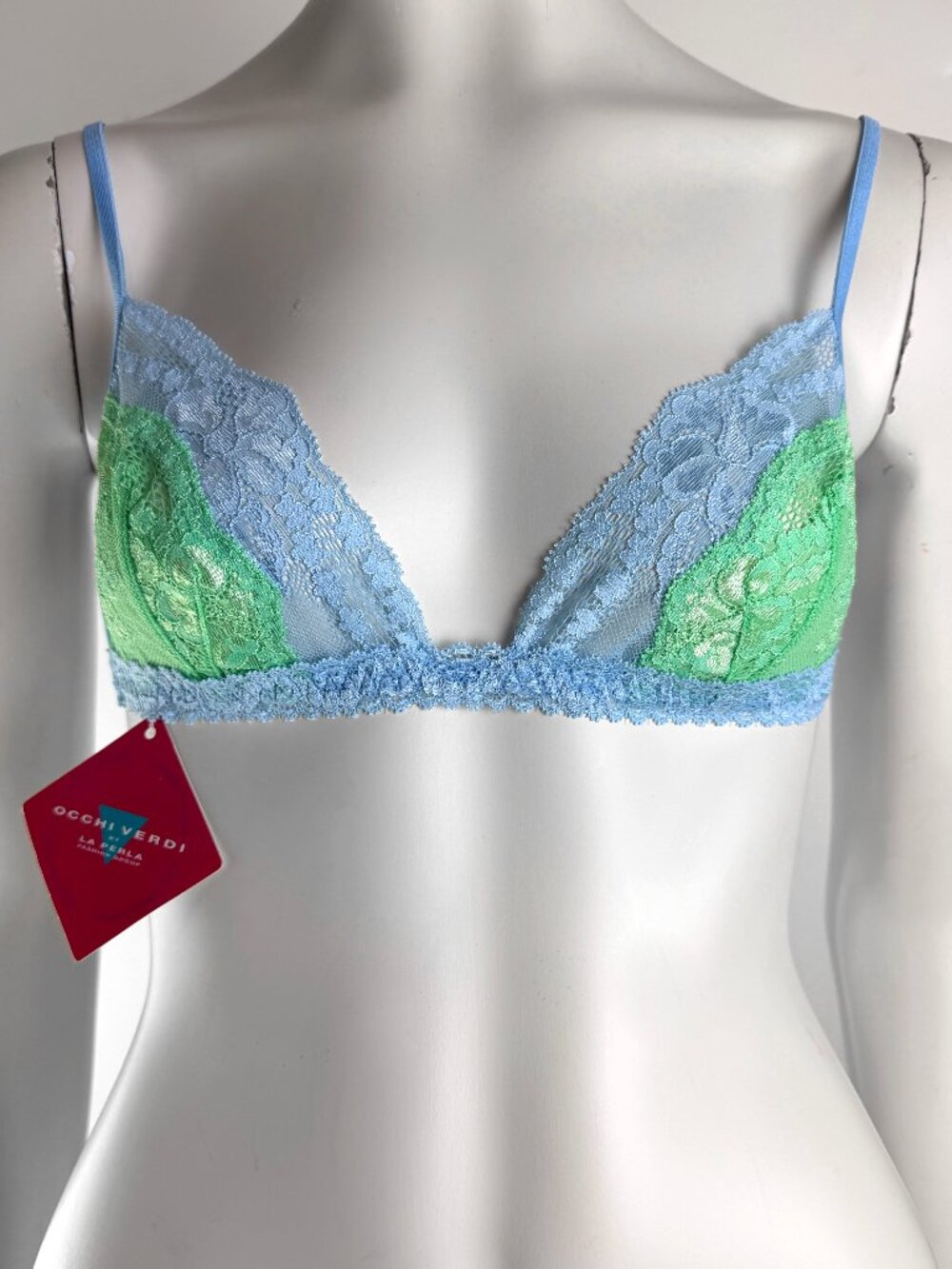 Vintage La Perla Occhi Verdi Bra Lace Triangle Bralette 90s Blue Green 34B New